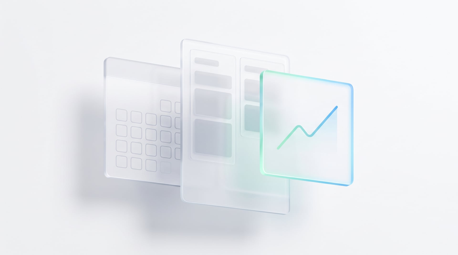 Layered glass dashboard panels with calendar, kanban and chart tiles