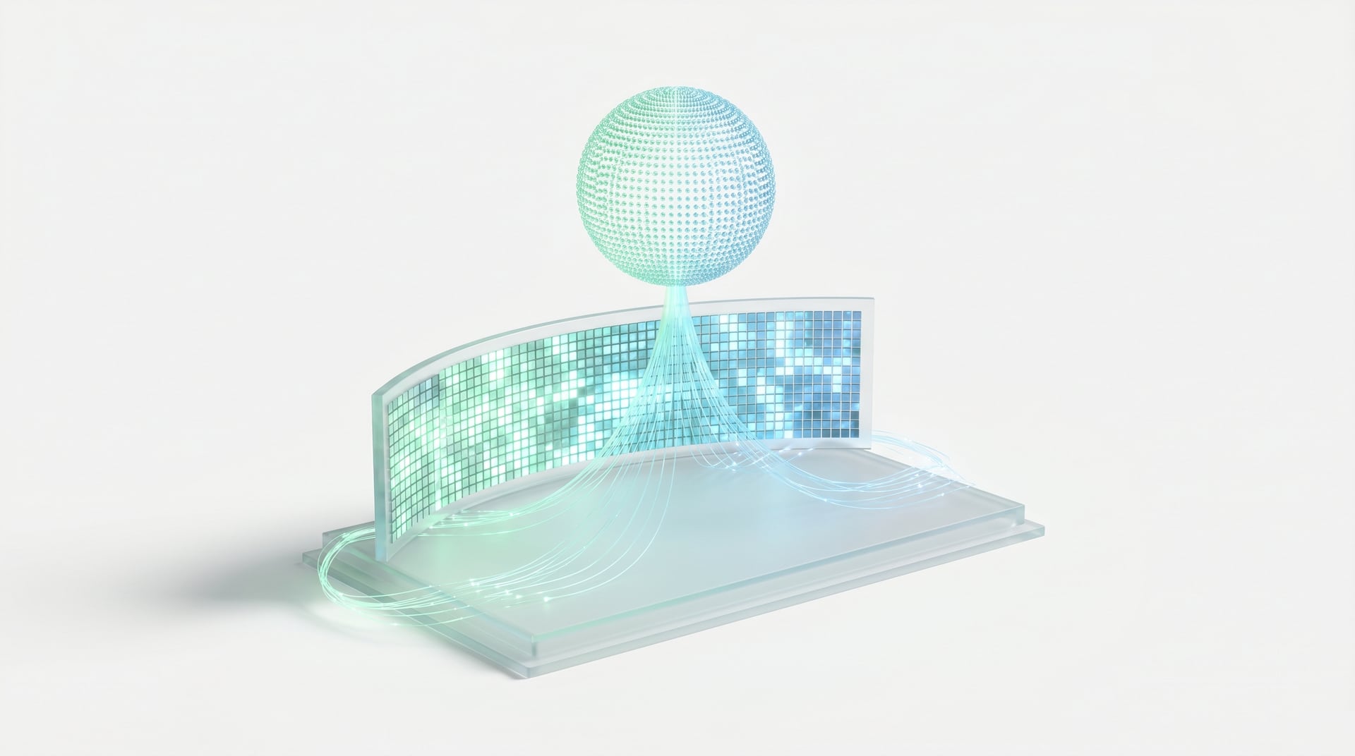 Miniature glass event stage with attendee video tiles connected to a globe of glass dots