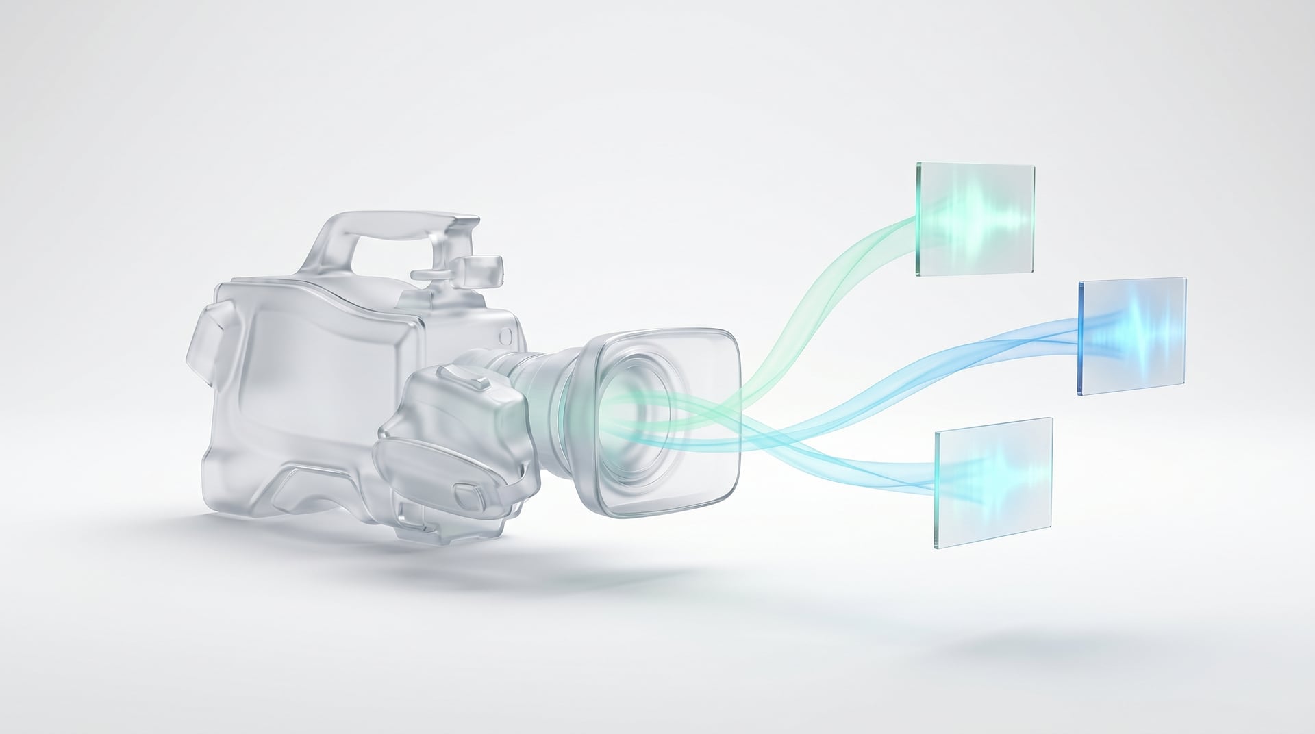 Glass broadcast camera streaming ribbons of light to floating screens